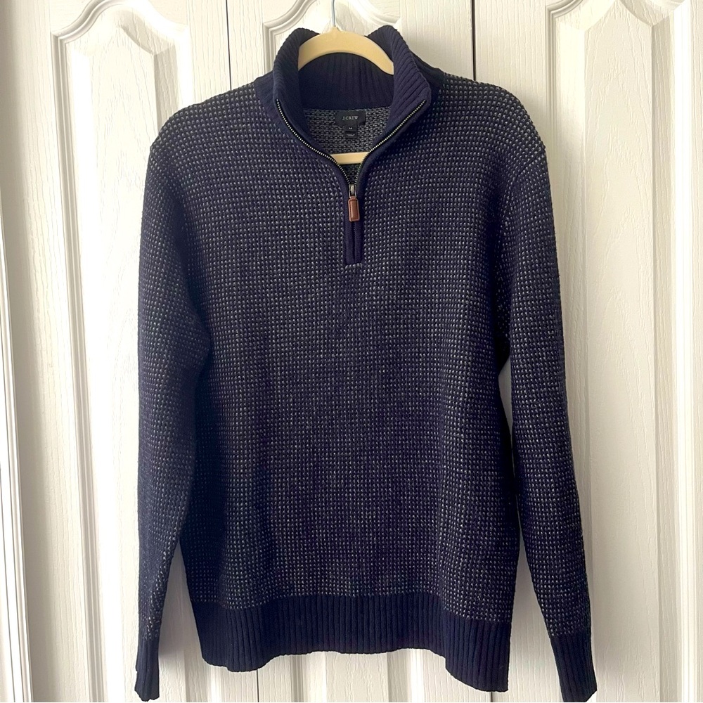 J. Crew Men's Navy Blue Lambs Wool Zip Sweater Size Medium
